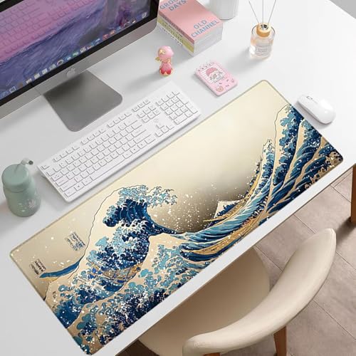 Gaming Mauspad XXL 1600x800x3mm, Ozean Anti -Rutsch Mousepad XXL, Retro groß Schreibtischunterlage, Waschbares, rutschfeste Gummibasis, Nähten an Den Kanten für PC, Maus und Tastatur -35600 Bild 7