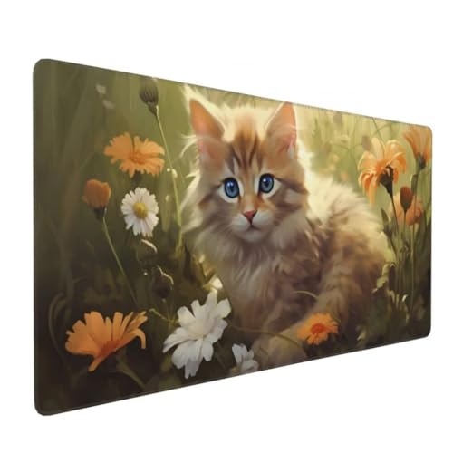 Mauspad XXL 1000x500mm, Katze Mousepad XXL Mauspad Gaming Blume Mouse Pad mit Genähten Kanten, Rutschfest und Wasserabweisend Schreibtisch Unterlage Groß Desk Mat für Tastatur und Maus -MP1024 Bild 1