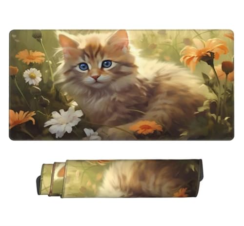 Mauspad XXL 1000x500mm, Katze Mousepad XXL Mauspad Gaming Blume Mouse Pad mit Genähten Kanten, Rutschfest und Wasserabweisend Schreibtisch Unterlage Groß Desk Mat für Tastatur und Maus -MP1024 Bild 2