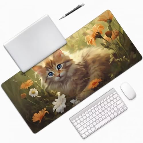 Mauspad XXL 1000x500mm, Katze Mousepad XXL Mauspad Gaming Blume Mouse Pad mit Genähten Kanten, Rutschfest und Wasserabweisend Schreibtisch Unterlage Groß Desk Mat für Tastatur und Maus -MP1024 Bild 3