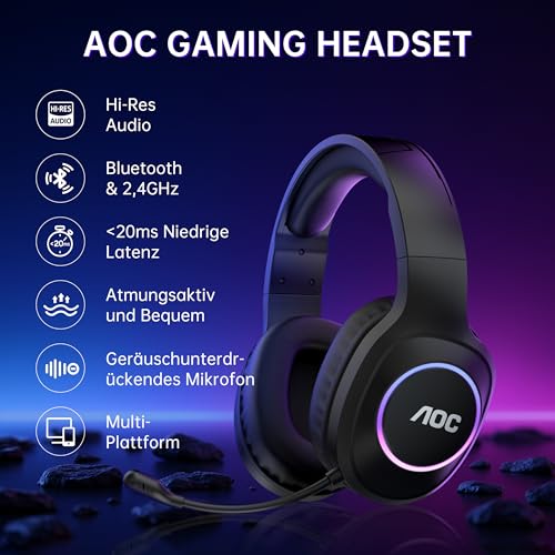 AOC Gaming Headset kabellos für PC, PS5, PS4, Switch, 2,4 GHz Wireless Headset mit Bluetooth 5.4 & Kabel, 7.1 Surround Sound, Noise Cancelling Mikrofon, 239 g leicht, 45 Std. Akku Bild 3