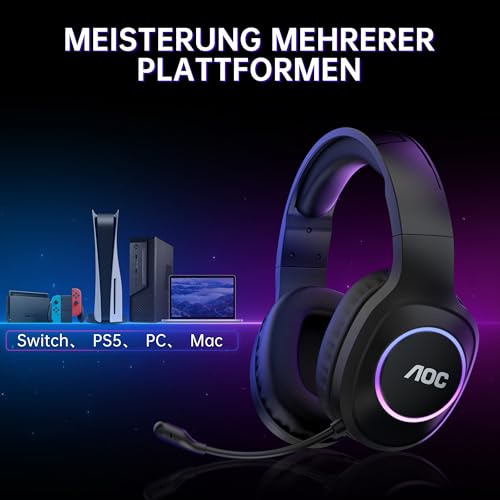 AOC Gaming Headset kabellos für PC, PS5, PS4, Switch, 2,4 GHz Wireless Headset mit Bluetooth 5.4 & Kabel, 7.1 Surround Sound, Noise Cancelling Mikrofon, 239 g leicht, 45 Std. Akku Bild 4