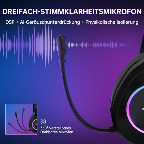 AOC Gaming Headset kabellos für PC, PS5, PS4, Switch, 2,4 GHz Wireless Headset mit Bluetooth 5.4 & Kabel, 7.1 Surround Sound, Noise Cancelling Mikrofon, 239 g leicht, 45 Std. Akku Bild 6