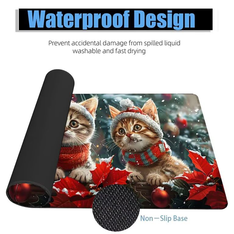 Schreibtischunterlage Katze Mauspad XXL 150x80cm Mousepad Weihnachten Gaming Mauspad mit Nicht rutschender Unterlage, Vernähte Kanten WassXerdicht Anti-Rutsch Maus Pad für PC, MacBook, Laptop F0-527 Bild 4