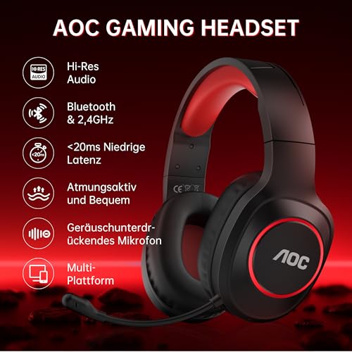 AOC Gaming Headset kabellos für PC, PS5, PS4, Switch, 2,4 GHz Wireless Headset mit Bluetooth 5.4 & Kabel, 7.1 Surround Sound, Noise Cancelling Mikrofon, 239 g leicht, 45 Std. Akku Bild 3
