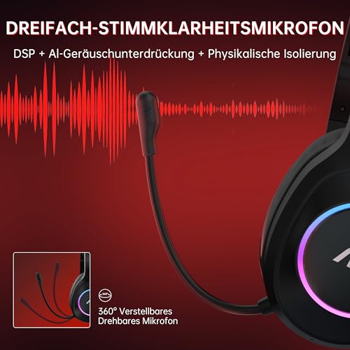 AOC Gaming Headset kabellos für PC, PS5, PS4, Switch, 2,4 GHz Wireless Headset mit Bluetooth 5.4 & Kabel, 7.1 Surround Sound, Noise Cancelling Mikrofon, 239 g leicht, 45 Std. Akku Bild 6