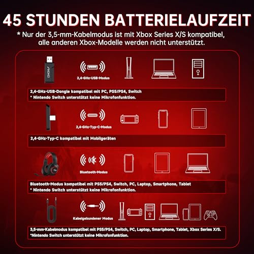 AOC Gaming Headset kabellos für PC, PS5, PS4, Switch, 2,4 GHz Wireless Headset mit Bluetooth 5.4 & Kabel, 7.1 Surround Sound, Noise Cancelling Mikrofon, 239 g leicht, 45 Std. Akku Bild 7
