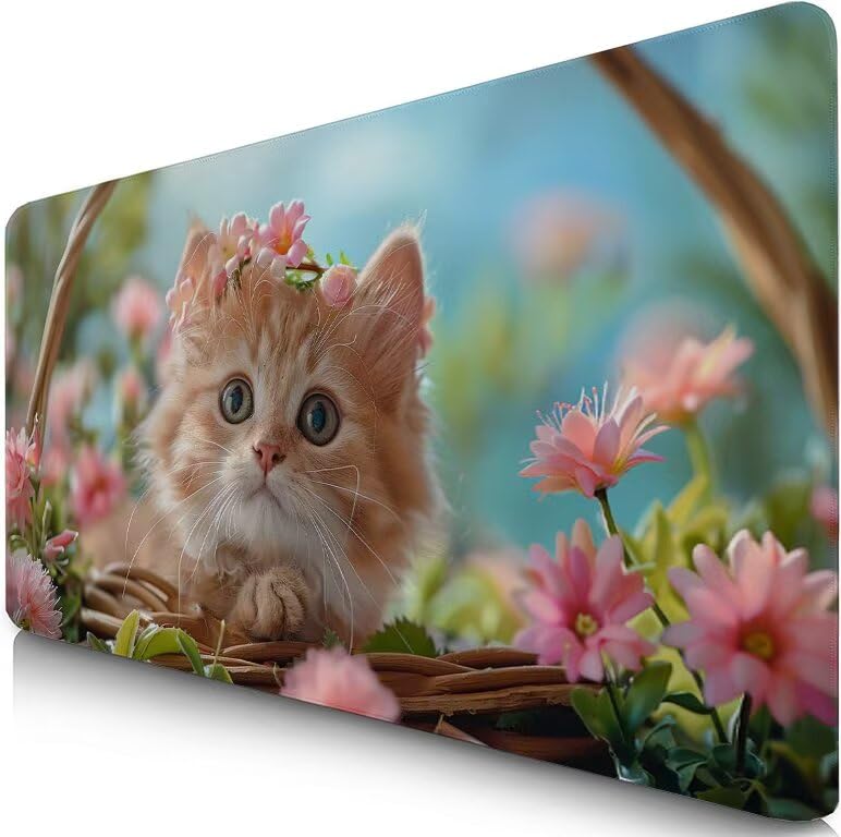 Schreibtischunterlage Katze Mauspad XXL 150x80cm Mousepad Korb Gaming Mauspad mit Nicht rutschender Unterlage, Vernähte Kanten WassXerdicht Anti-Rutsch Maus Pad für Laptop, Office Geschenke F0-533 Bild 1