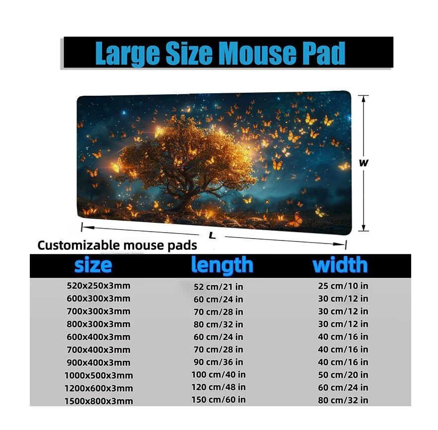 Schreibtischunterlage Baum Mauspad XXL 150x80cm Mousepad Schmetterling Gaming Mauspad mit Nicht rutschender Unterlage, Vernähte Kanten WassXerdicht Anti-Rutsch Maus Pad für PC, MacBook, Laptop F0-536 Bild 6