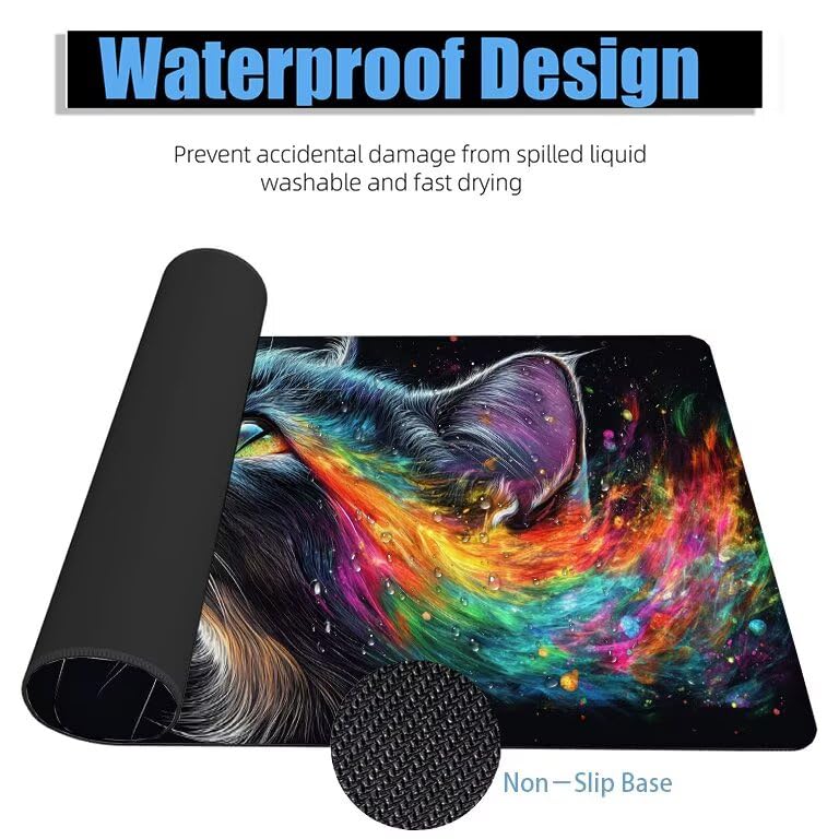 Schreibtischunterlage Schwarz Mauspad XXL 150x80cm Mousepad Katze Gaming Mauspad mit Nicht rutschender Unterlage, Vernähte Kanten WassXerdicht Anti-Rutsch Maus Pad für PC, Office Geschenke F0-551 Bild 4