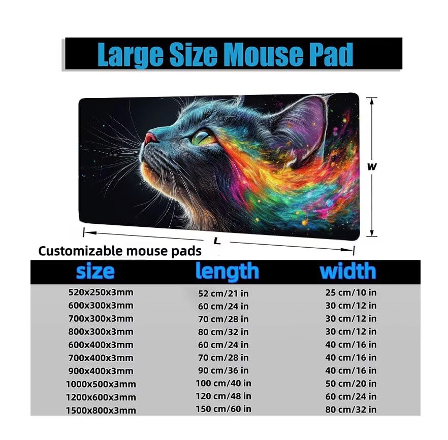 Schreibtischunterlage Schwarz Mauspad XXL 150x80cm Mousepad Katze Gaming Mauspad mit Nicht rutschender Unterlage, Vernähte Kanten WassXerdicht Anti-Rutsch Maus Pad für PC, Office Geschenke F0-551 Bild 6