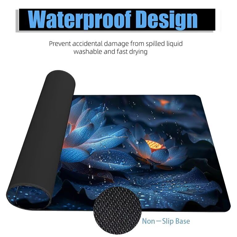 Schreibtischunterlage Blau Mauspad XXL 150x80cm Mousepad Lotus Gaming Mauspad mit Nicht rutschender Unterlage, Vernähte Kanten WassXerdicht Anti-Rutsch Maus Pad für Laptop, Office Geschenke F0-566 Bild 4