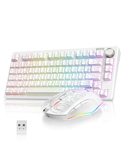 RedThunder K75 Gaming Tastatur und Maus Set Kabellos, 75% US Layout, Seitliche TKL Membrantastatur, 2,4G/USB/BT-Modus, Dual-Betriebssystem, Dreimodus-Maus, 4800 DPI, 4000 mAh. (Weiße Kontur) Bild 1