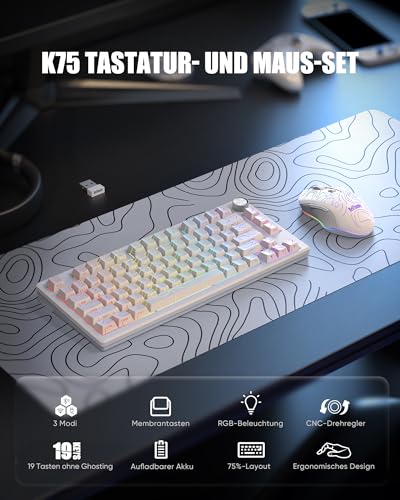 RedThunder K75 Gaming Tastatur und Maus Set Kabellos, 75% US Layout, Seitliche TKL Membrantastatur, 2,4G/USB/BT-Modus, Dual-Betriebssystem, Dreimodus-Maus, 4800 DPI, 4000 mAh. (Weiße Kontur) Bild 2