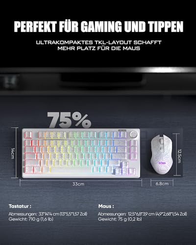 RedThunder K75 Gaming Tastatur und Maus Set Kabellos, 75% US Layout, Seitliche TKL Membrantastatur, 2,4G/USB/BT-Modus, Dual-Betriebssystem, Dreimodus-Maus, 4800 DPI, 4000 mAh. (Weiße Kontur) Bild 3