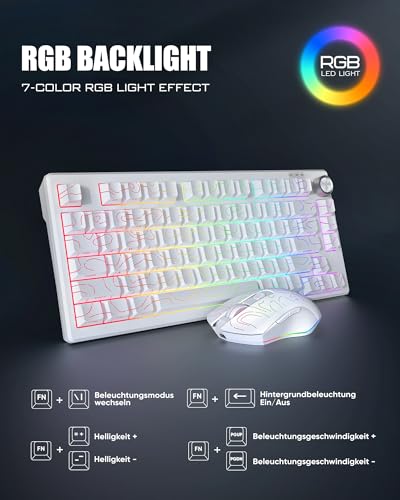 RedThunder K75 Gaming Tastatur und Maus Set Kabellos, 75% US Layout, Seitliche TKL Membrantastatur, 2,4G/USB/BT-Modus, Dual-Betriebssystem, Dreimodus-Maus, 4800 DPI, 4000 mAh. (Weiße Kontur) Bild 4