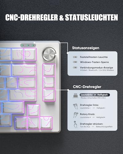 RedThunder K75 Gaming Tastatur und Maus Set Kabellos, 75% US Layout, Seitliche TKL Membrantastatur, 2,4G/USB/BT-Modus, Dual-Betriebssystem, Dreimodus-Maus, 4800 DPI, 4000 mAh. (Weiße Kontur) Bild 5