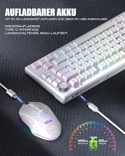 RedThunder K75 Gaming Tastatur und Maus Set Kabellos, 75% US Layout, Seitliche TKL Membrantastatur, 2,4G/USB/BT-Modus, Dual-Betriebssystem, Dreimodus-Maus, 4800 DPI, 4000 mAh. (Weiße Kontur) Bild 6