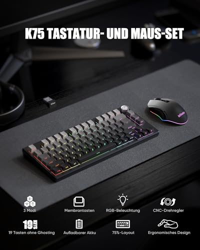 RedThunder K75 Gaming Tastatur und Maus Set Kabellos, 75% US Layout, Seitliche TKL Membrantastatur, 2,4G/USB/BT-Modus, Dual-Betriebssystem, Dreimodus-Maus, 4800 DPI, 4000 mAh (Gradient Grey) Bild 2