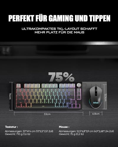 RedThunder K75 Gaming Tastatur und Maus Set Kabellos, 75% US Layout, Seitliche TKL Membrantastatur, 2,4G/USB/BT-Modus, Dual-Betriebssystem, Dreimodus-Maus, 4800 DPI, 4000 mAh (Gradient Grey) Bild 3