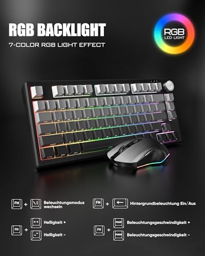 RedThunder K75 Gaming Tastatur und Maus Set Kabellos, 75% US Layout, Seitliche TKL Membrantastatur, 2,4G/USB/BT-Modus, Dual-Betriebssystem, Dreimodus-Maus, 4800 DPI, 4000 mAh (Gradient Grey) Bild 4