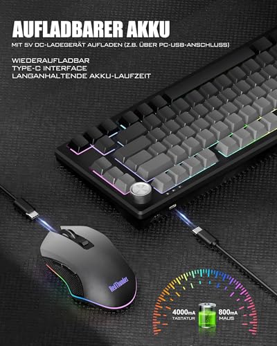 RedThunder K75 Gaming Tastatur und Maus Set Kabellos, 75% US Layout, Seitliche TKL Membrantastatur, 2,4G/USB/BT-Modus, Dual-Betriebssystem, Dreimodus-Maus, 4800 DPI, 4000 mAh (Gradient Grey) Bild 5