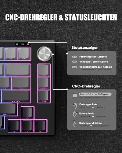RedThunder K75 Gaming Tastatur und Maus Set Kabellos, 75% US Layout, Seitliche TKL Membrantastatur, 2,4G/USB/BT-Modus, Dual-Betriebssystem, Dreimodus-Maus, 4800 DPI, 4000 mAh (Gradient Grey) Bild 6