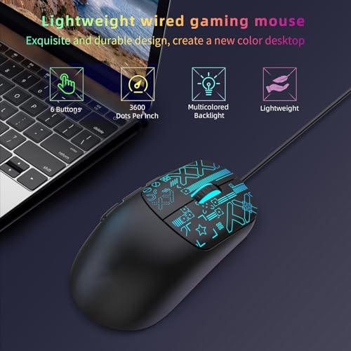 LICAEVEY Kabelgebundene RGB-Gaming-Maus, 6 Programmierbare Tasten mit 4-stufig Einstellbarer DPI Bis zu 3600, Farbenfrohe, Hintergrundbeleuchtete, Ergonomische Optische Maus für (Black) Bild 3