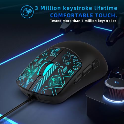 LICAEVEY Kabelgebundene RGB-Gaming-Maus, 6 Programmierbare Tasten mit 4-stufig Einstellbarer DPI Bis zu 3600, Farbenfrohe, Hintergrundbeleuchtete, Ergonomische Optische Maus für (Black) Bild 4