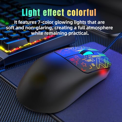 LICAEVEY Kabelgebundene RGB-Gaming-Maus, 6 Programmierbare Tasten mit 4-stufig Einstellbarer DPI Bis zu 3600, Farbenfrohe, Hintergrundbeleuchtete, Ergonomische Optische Maus für (Black) Bild 6