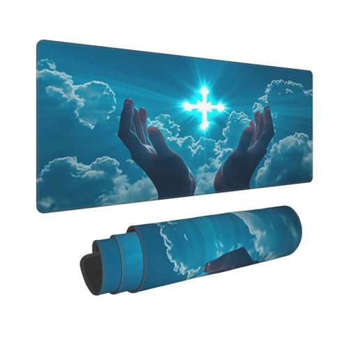 XXL Gaming-Mauspad mit christlichem Kreuz (80 x 30 cm), extra große Schreibtischunterlage für Tastatur und Maus, rutschfeste Gummibasis, wasserdichte, vernähte Kanten, ideal für Computer, Büro und Ga Bild 1