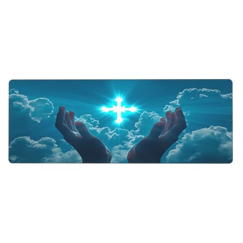 XXL Gaming-Mauspad mit christlichem Kreuz (80 x 30 cm), extra große Schreibtischunterlage für Tastatur und Maus, rutschfeste Gummibasis, wasserdichte, vernähte Kanten, ideal für Computer, Büro und Ga Bild 2