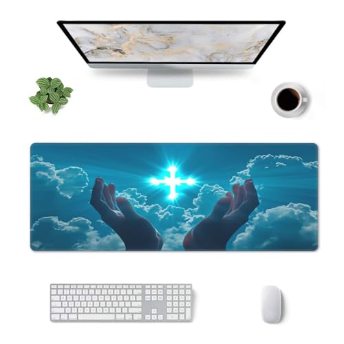 XXL Gaming-Mauspad mit christlichem Kreuz (80 x 30 cm), extra große Schreibtischunterlage für Tastatur und Maus, rutschfeste Gummibasis, wasserdichte, vernähte Kanten, ideal für Computer, Büro und Ga Bild 3