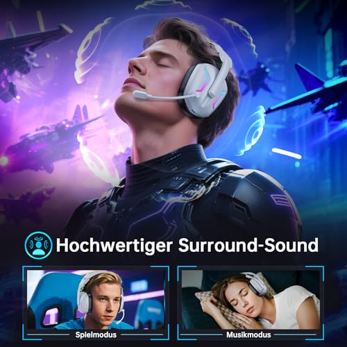 Fachixy Bluetooth Headset, 2,4G Gaming Headset Wireless mit Mikrofon für PS5, PS4, PC, Switch, Mac, Faltbarer Surround Sound Noise Cancelling Kopfhörer mit LED Licht, Über 50 Stunden Akkulaufzeit Bild 7