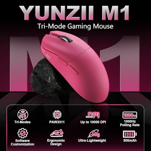 YUNZII M1 Kabellose Gaming-Maus, BT/2.4G Wireless/Wired Ultralight Mouse, PAW3311-Sensor 10000 DPI, Wiederaufladbare Kabellose Maus mit 5 Programmierbaren Tasten, über Software für Windows (Rosa) Bild 2