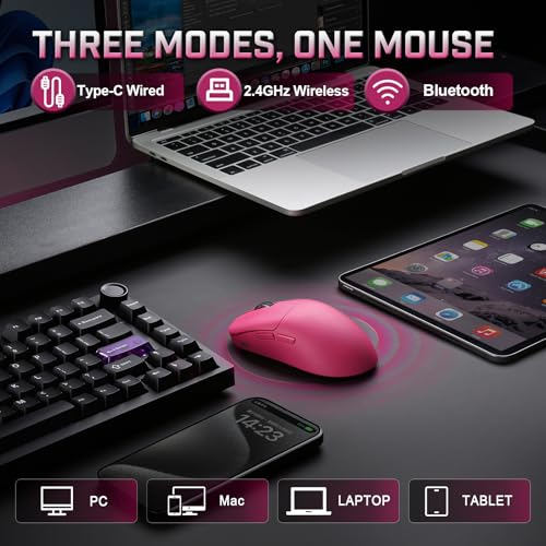 YUNZII M1 Kabellose Gaming-Maus, BT/2.4G Wireless/Wired Ultralight Mouse, PAW3311-Sensor 10000 DPI, Wiederaufladbare Kabellose Maus mit 5 Programmierbaren Tasten, über Software für Windows (Rosa) Bild 3