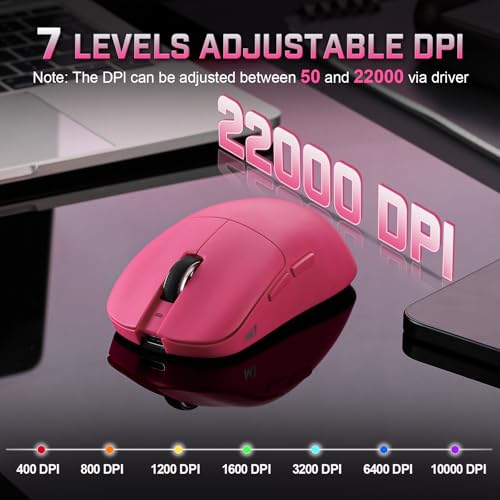 YUNZII M1 Kabellose Gaming-Maus, BT/2.4G Wireless/Wired Ultralight Mouse, PAW3311-Sensor 10000 DPI, Wiederaufladbare Kabellose Maus mit 5 Programmierbaren Tasten, über Software für Windows (Rosa) Bild 4