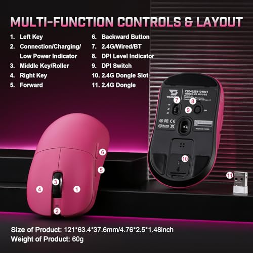 YUNZII M1 Kabellose Gaming-Maus, BT/2.4G Wireless/Wired Ultralight Mouse, PAW3311-Sensor 10000 DPI, Wiederaufladbare Kabellose Maus mit 5 Programmierbaren Tasten, über Software für Windows (Rosa) Bild 5