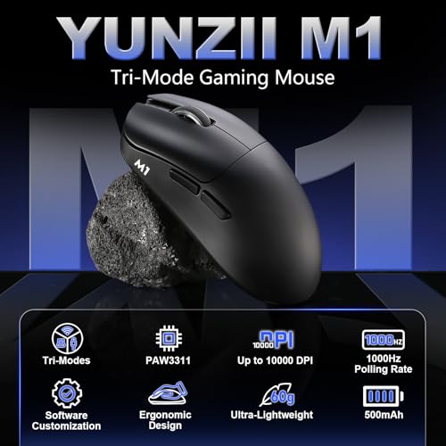YUNZII M1 Kabellose Gaming-Maus, BT/2.4G Wireless/Wired Ultralight Mouse, PAW3311-Sensor 10000 DPI, Wiederaufladbare Kabellose Maus mit 5 Programmierbaren Tasten, über Software für Windows (Schwarz) Bild 2