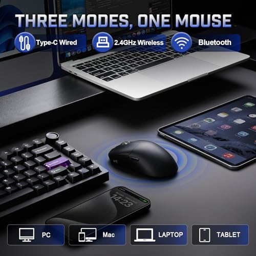 YUNZII M1 Kabellose Gaming-Maus, BT/2.4G Wireless/Wired Ultralight Mouse, PAW3311-Sensor 10000 DPI, Wiederaufladbare Kabellose Maus mit 5 Programmierbaren Tasten, über Software für Windows (Schwarz) Bild 3