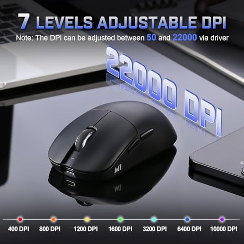 YUNZII M1 Kabellose Gaming-Maus, BT/2.4G Wireless/Wired Ultralight Mouse, PAW3311-Sensor 10000 DPI, Wiederaufladbare Kabellose Maus mit 5 Programmierbaren Tasten, über Software für Windows (Schwarz) Bild 4