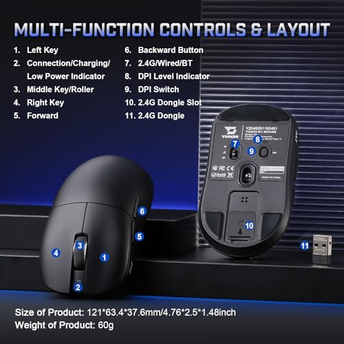 YUNZII M1 Kabellose Gaming-Maus, BT/2.4G Wireless/Wired Ultralight Mouse, PAW3311-Sensor 10000 DPI, Wiederaufladbare Kabellose Maus mit 5 Programmierbaren Tasten, über Software für Windows (Schwarz) Bild 5