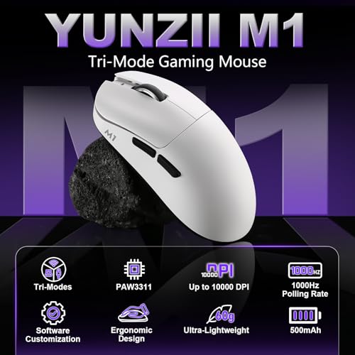 YUNZII M1 Kabellose Gaming-Maus, BT/2.4G Wireless/Wired Ultralight Mouse, PAW3311-Sensor 10000 DPI, Wiederaufladbare Kabellose Maus mit 5 Programmierbaren Tasten, über Software für Windows (Weiß) Bild 2