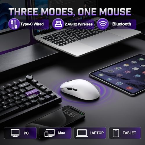 YUNZII M1 Kabellose Gaming-Maus, BT/2.4G Wireless/Wired Ultralight Mouse, PAW3311-Sensor 10000 DPI, Wiederaufladbare Kabellose Maus mit 5 Programmierbaren Tasten, über Software für Windows (Weiß) Bild 3