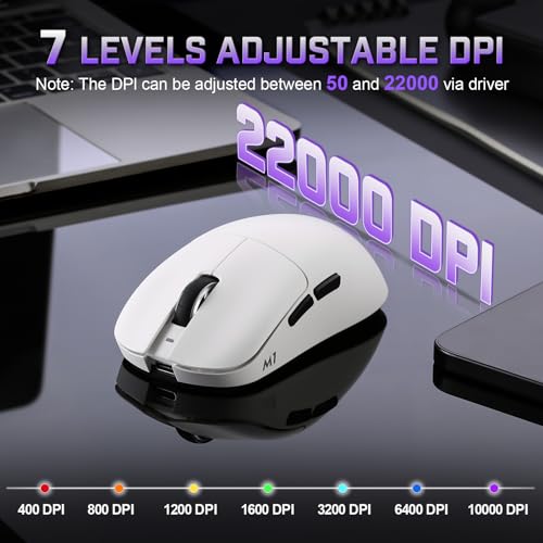 YUNZII M1 Kabellose Gaming-Maus, BT/2.4G Wireless/Wired Ultralight Mouse, PAW3311-Sensor 10000 DPI, Wiederaufladbare Kabellose Maus mit 5 Programmierbaren Tasten, über Software für Windows (Weiß) Bild 4