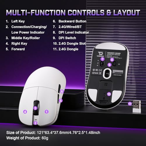 YUNZII M1 Kabellose Gaming-Maus, BT/2.4G Wireless/Wired Ultralight Mouse, PAW3311-Sensor 10000 DPI, Wiederaufladbare Kabellose Maus mit 5 Programmierbaren Tasten, über Software für Windows (Weiß) Bild 5