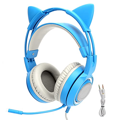 Cuifati Stereo-Gaming-Headset für PC-Mobiltelefone, Geräuschreduzierung über Dem Ohrkopfhörer, 3,5 Mm Universeller, Omnidirektionaler Katzenohr-Kopfhörer für Spiele, Leicht (Blue) Bild 1