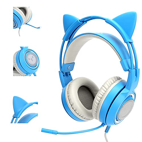Cuifati Stereo-Gaming-Headset für PC-Mobiltelefone, Geräuschreduzierung über Dem Ohrkopfhörer, 3,5 Mm Universeller, Omnidirektionaler Katzenohr-Kopfhörer für Spiele, Leicht (Blue) Bild 4