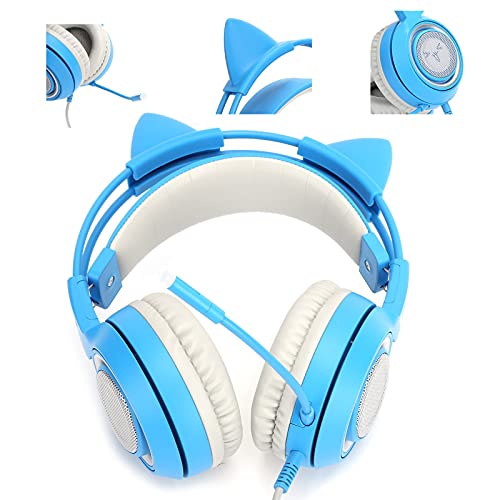Cuifati Stereo-Gaming-Headset für PC-Mobiltelefone, Geräuschreduzierung über Dem Ohrkopfhörer, 3,5 Mm Universeller, Omnidirektionaler Katzenohr-Kopfhörer für Spiele, Leicht (Blue) Bild 5