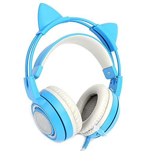 Cuifati Stereo-Gaming-Headset für PC-Mobiltelefone, Geräuschreduzierung über Dem Ohrkopfhörer, 3,5 Mm Universeller, Omnidirektionaler Katzenohr-Kopfhörer für Spiele, Leicht (Blue) Bild 7